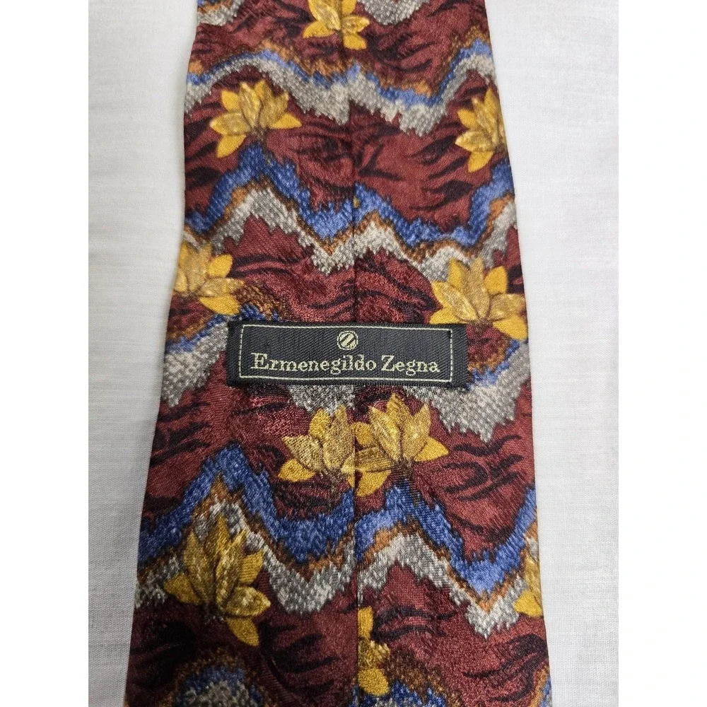 Ermenegildo Zegna Tie Mens One‎ Size Red Gold Silk Floral Zigzag Made Italy